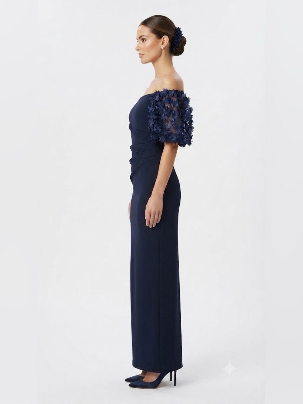 Xscape Navy One-Shoulder Evening Gown with 3D Floral Sleeves Formal - Picture 4 of 16